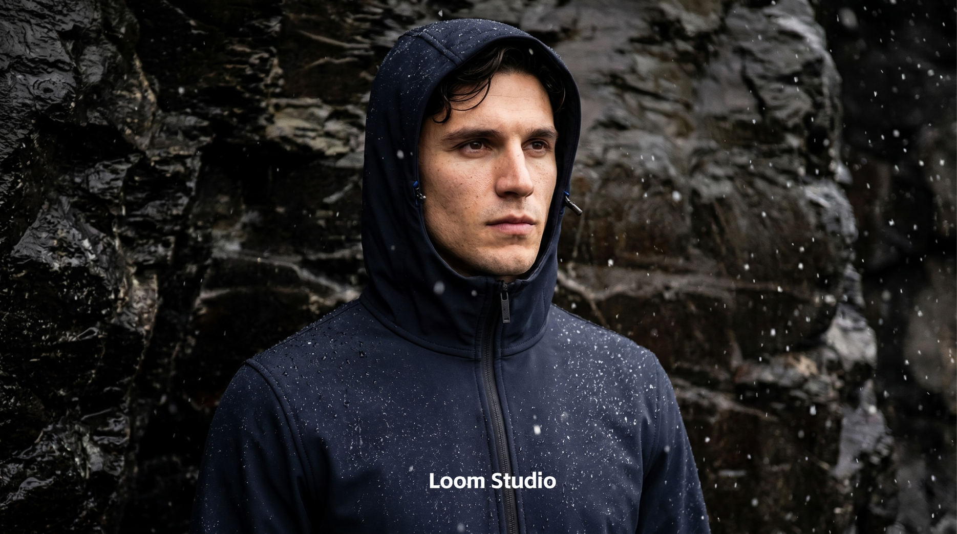 High-end AI generated fashion photography showcasing realistic fabric textures and water-droplet details on a navy technical jacket, demonstrating premium on-model lookbook imagery for outdoor apparel brands.