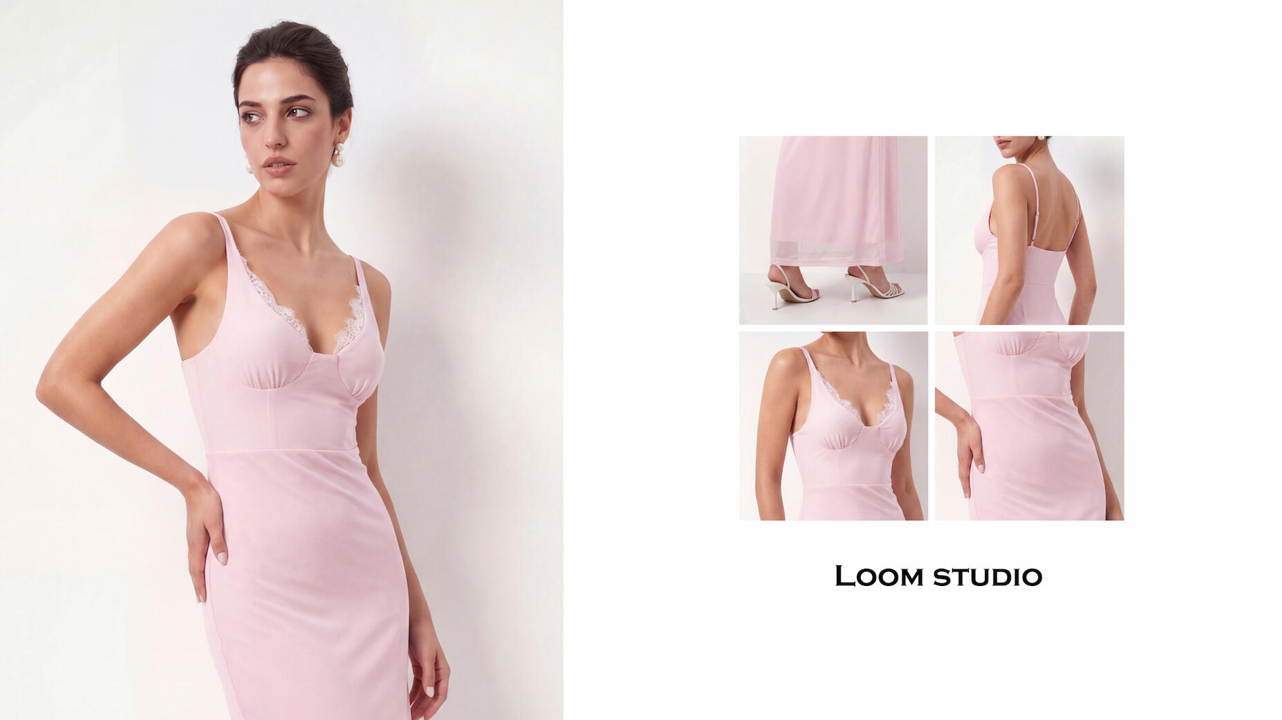 The E-commerce Suite: Precision Fit and Lace Detailing AI-generated fashion lookbook by Loom Studio featuring a pink slip dress with lace trim. Composite image showing full body, back detail, and close-up fabric texture. High-fidelity E-commerce model photography showcasing consistent garment rendering across