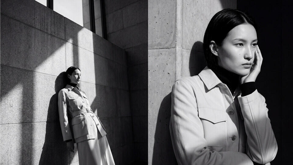 Designer-led AI campaign production service for apparel brands — black-and-white editorial, LOOM Studio