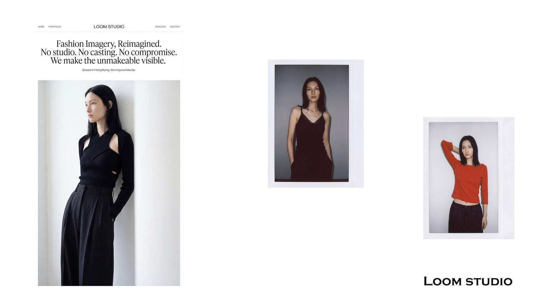 AI-generated fashion lookbook by Loom Studio featuring a model in casting-style polaroid shots. Outfits include a black cutout ribbed top, a lace-trim camisole, and a red long-sleeve top with polka dot trousers. Minimalist studio lighting and high-end fash