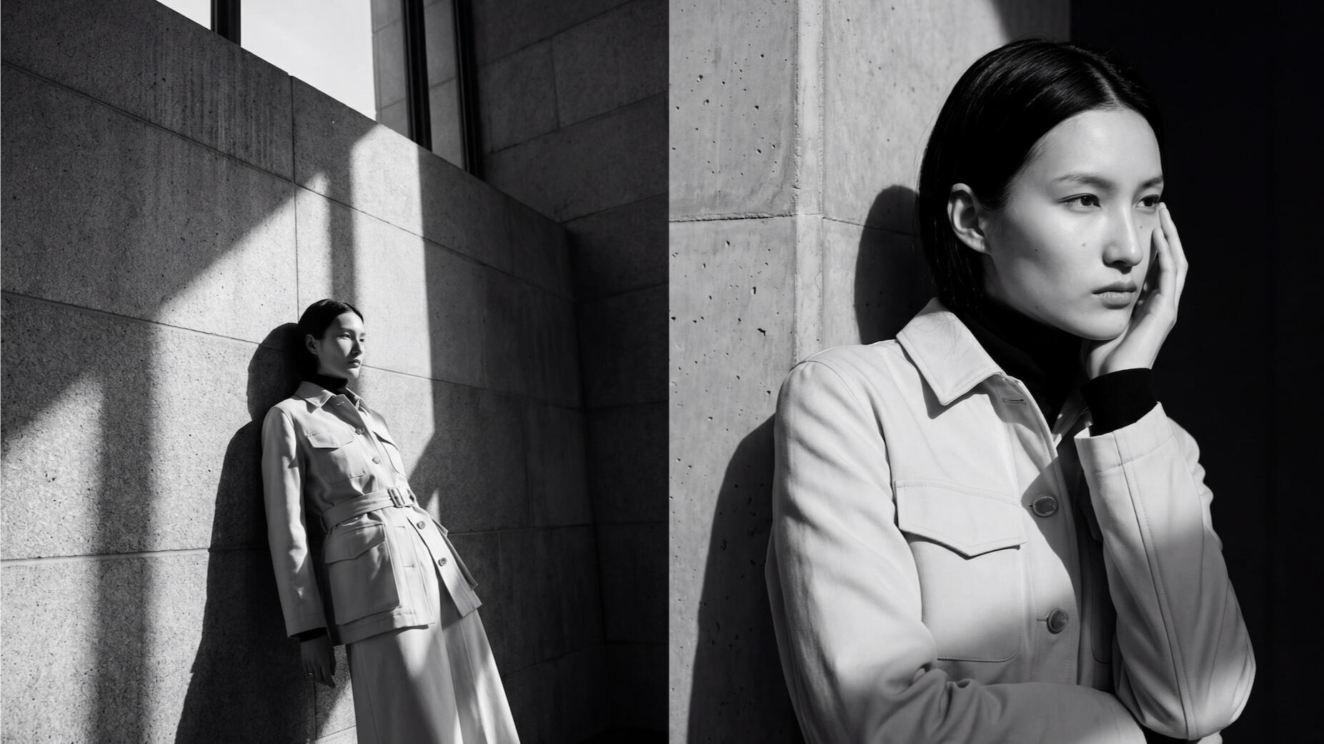 Concrete Echoes: Architectural Shadows and Neutral Tailoring AI-generated black and white fashion photography by Loom Studio. High-contrast diptych featuring a model in a light-colored belted field jacket and a matching skirt against a concrete brutalist wall. Features high-fidelity fabric textures and geometric sha