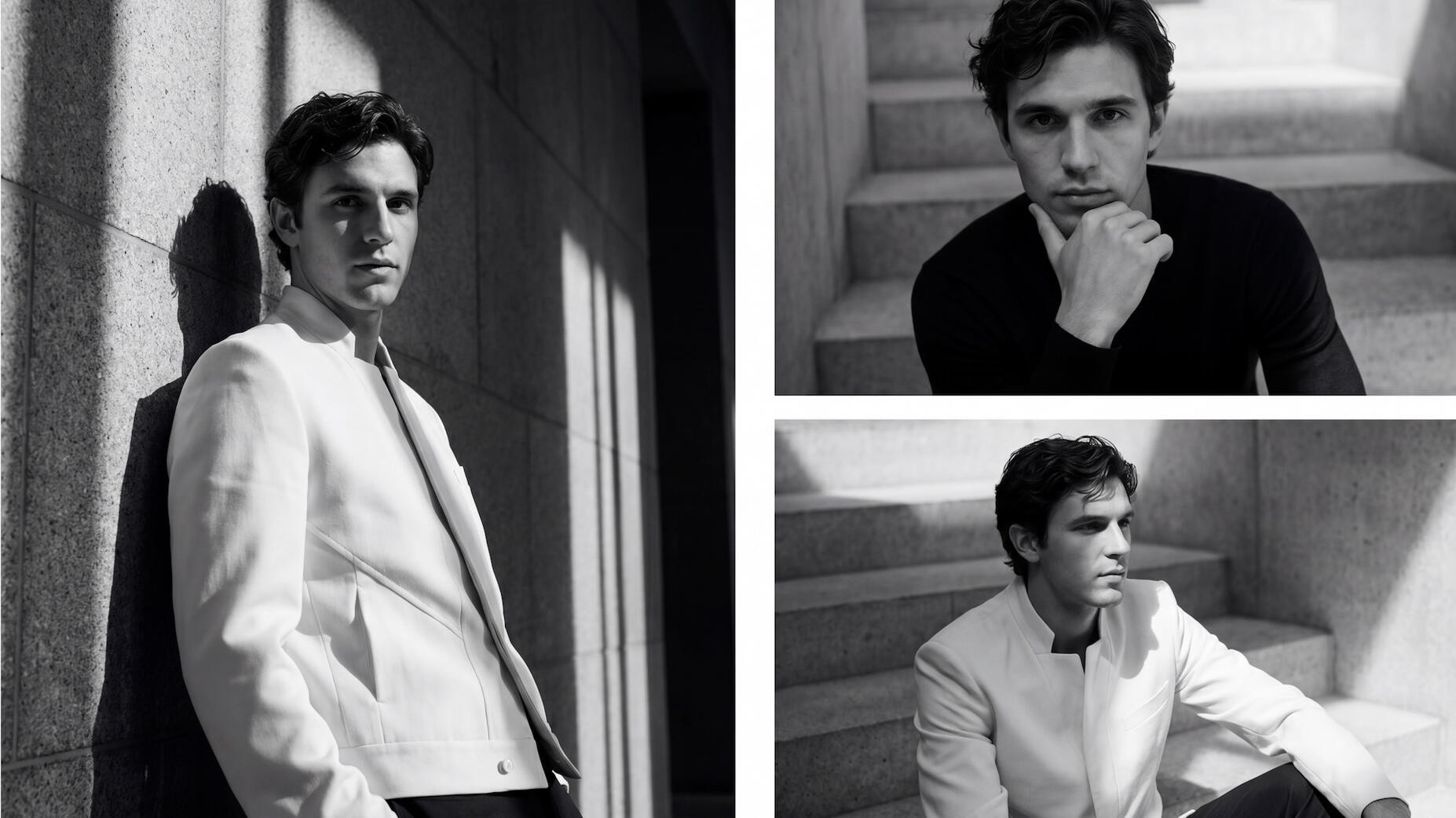 Stairwell Dialogue: Mandarine Collars and Monochromatic Contrast AI-generated black and white fashion lookbook by Loom Studio. Triptych composite image of a male model wearing a high-fidelity light-colored suit jacket with a mandarine collar. Posed against concrete stairs with dynamic shadow rendering